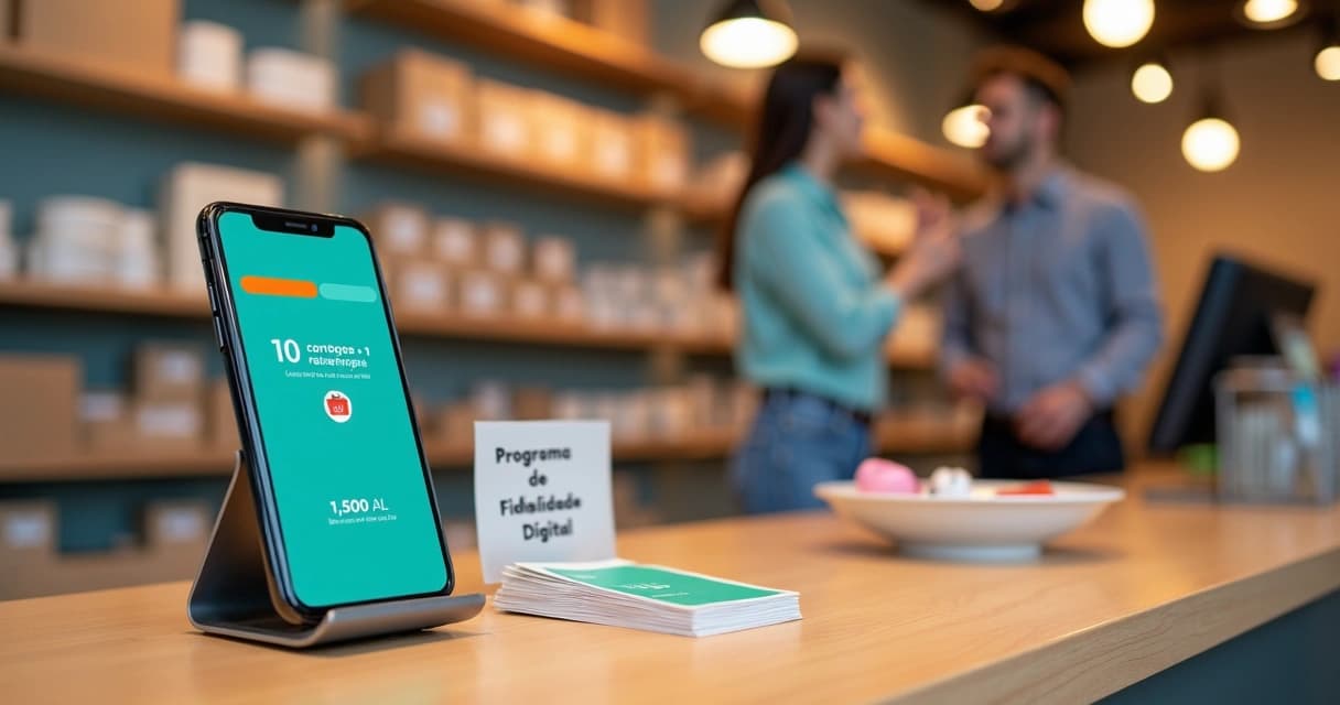 Dono de loja segurando celular com cartão fidelidade digital em destaque no balcão