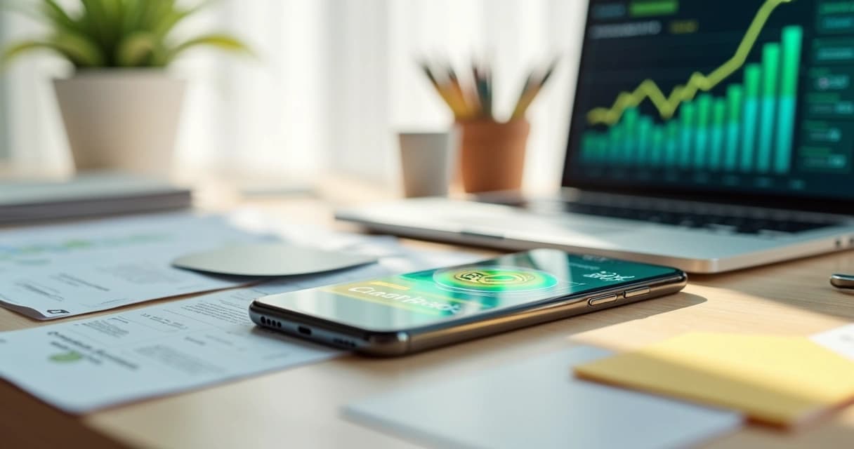 Tarjeta digital de cashback flotando sobre una mesa con gráfico de crecimiento al fondo