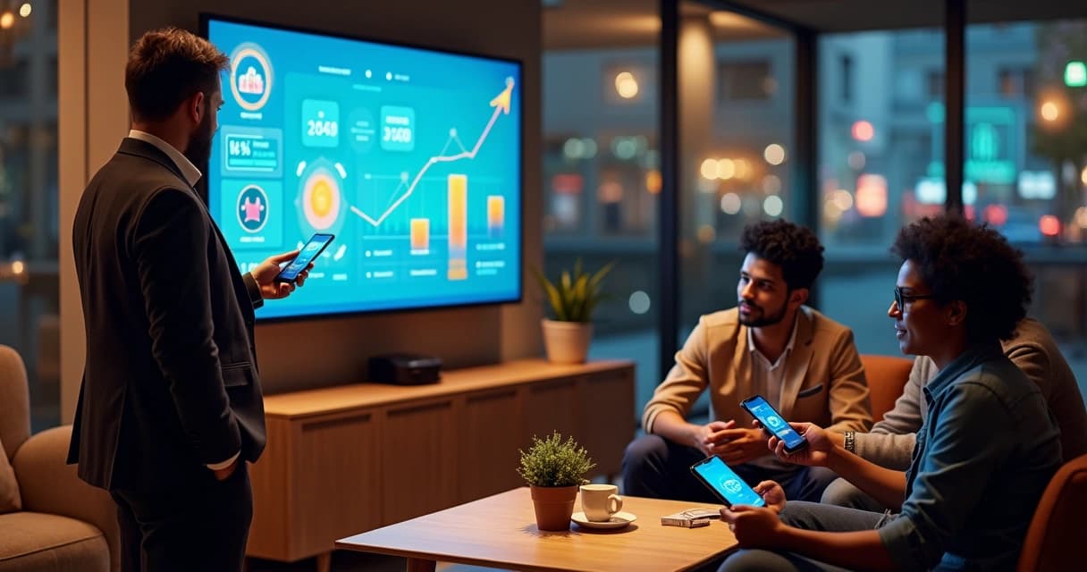 Dono de negócio mostra painel de clube de vantagens em grande telão para clientes empolgados