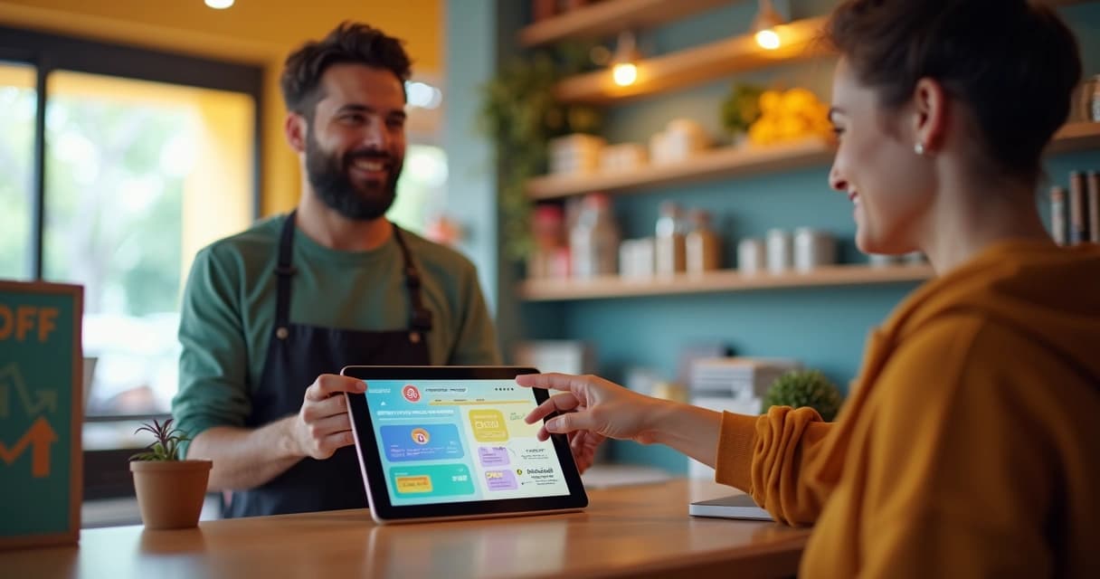 Cliente recebe cartão digital de programa de fidelidade em tablet em loja pequena e moderna