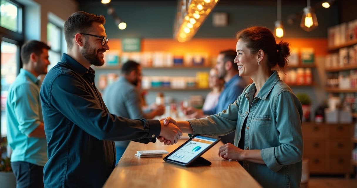 Pequeno empresário cumprimentando cliente fiel em loja moderna com tela exibindo dados de relacionamento
