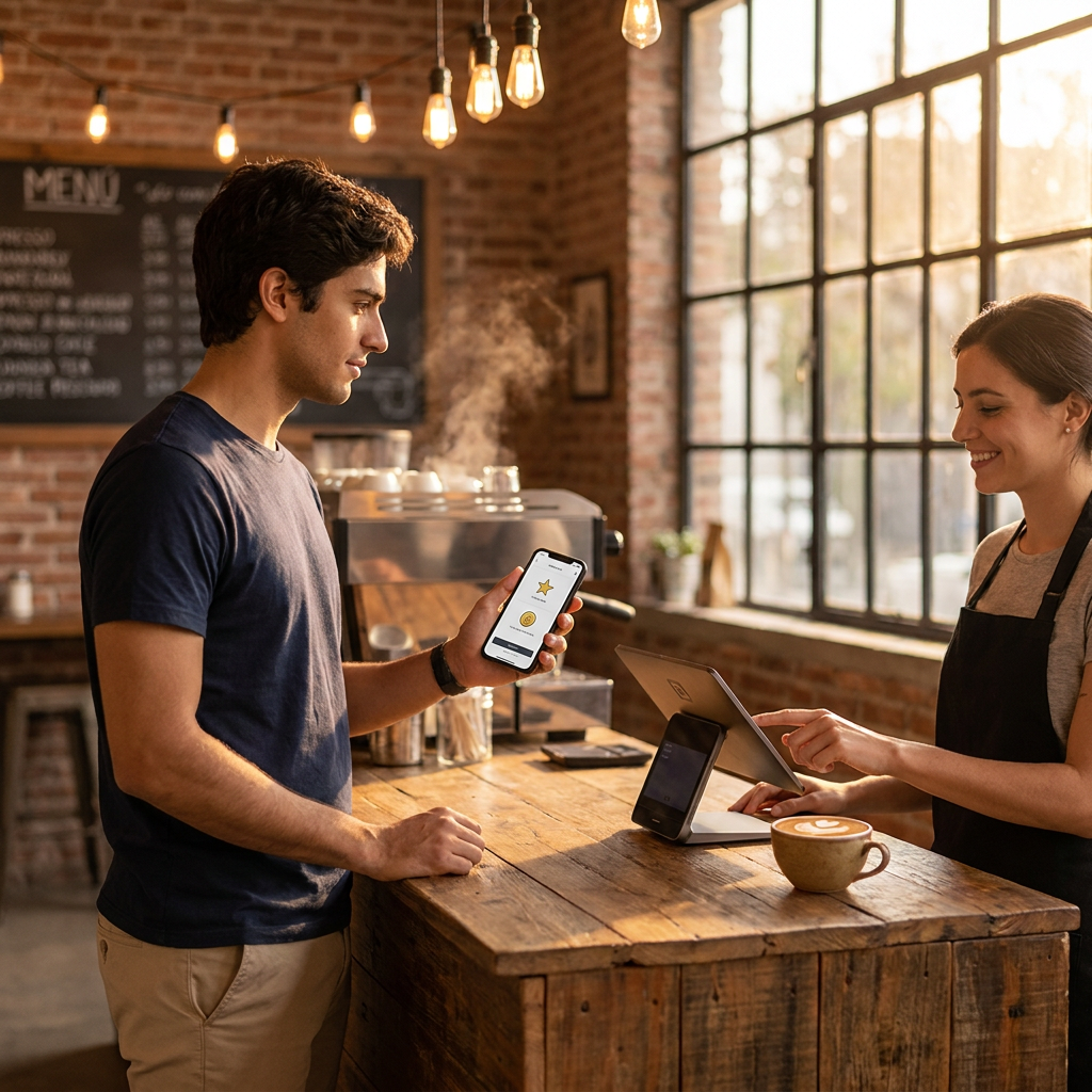 Cliente escaneando un programa de fidelidad digital en su smartphone dentro de una cafetería moderna en Buenos Aires con iluminación cálida y cinemática.